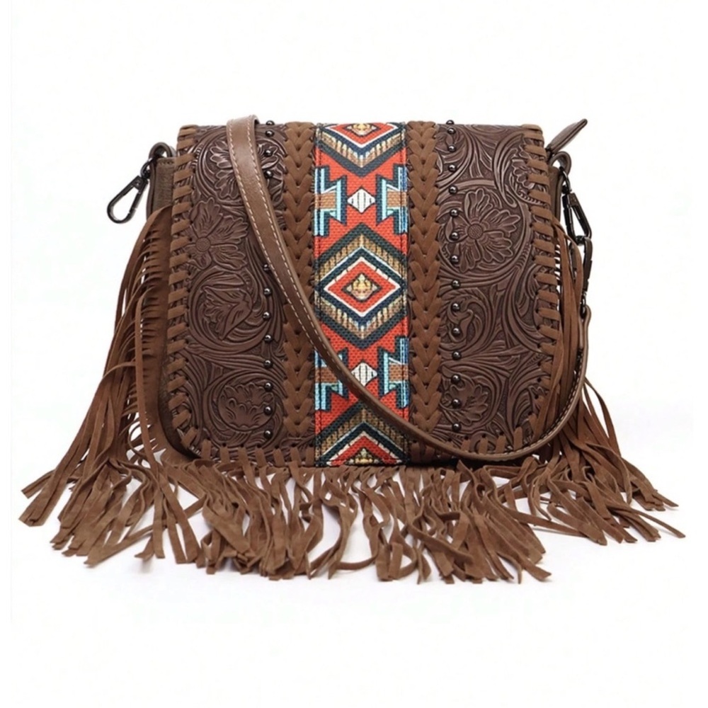 Boho Brown Vegan Leather Floral Embossed Fringe Shoulder Crossbody Bag